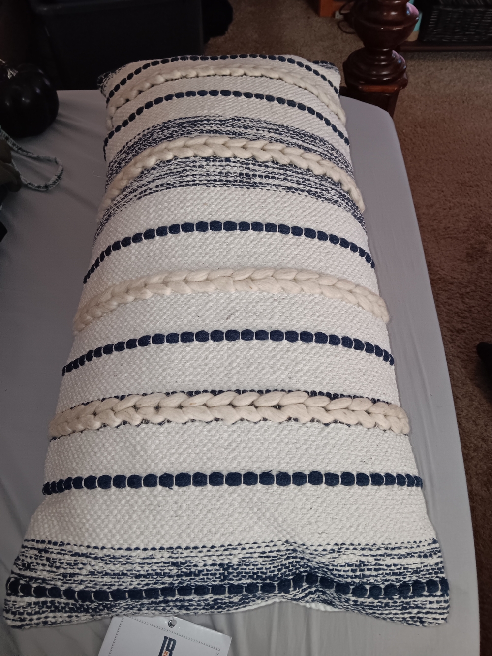 Navy Abd Cream Stripe Braided Accent Lumbar Pillow - Home Bedding